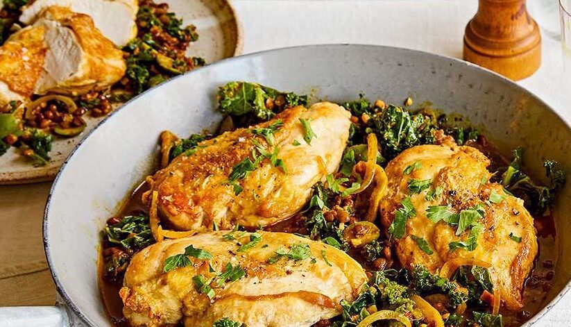 Lemony chicken lentils