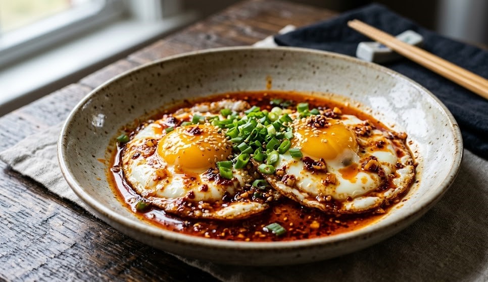 chili crisp fried eggs on toast