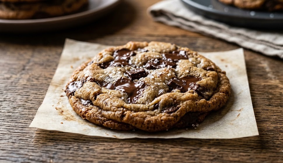 chewy brown butter chocolate chip cookies close up