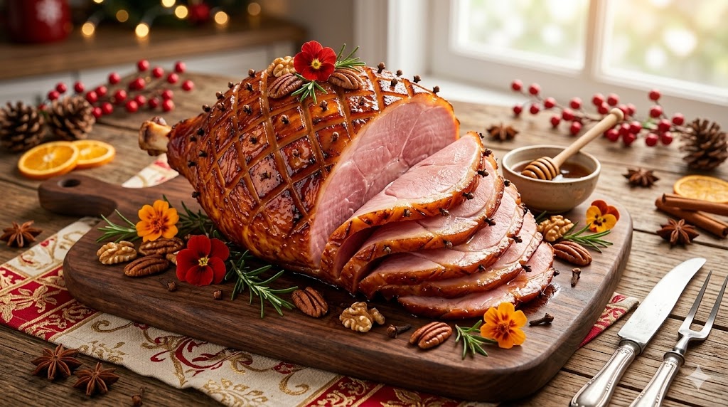honey glazed ham on platter