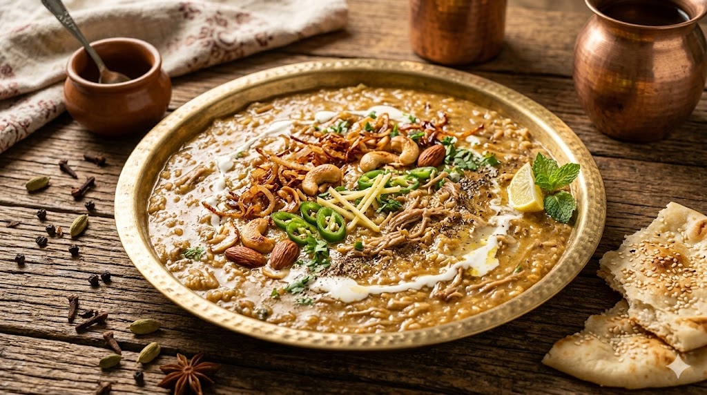 haleem dish with fried onions