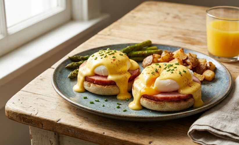 eggs benedict with hollandaise sauce close up