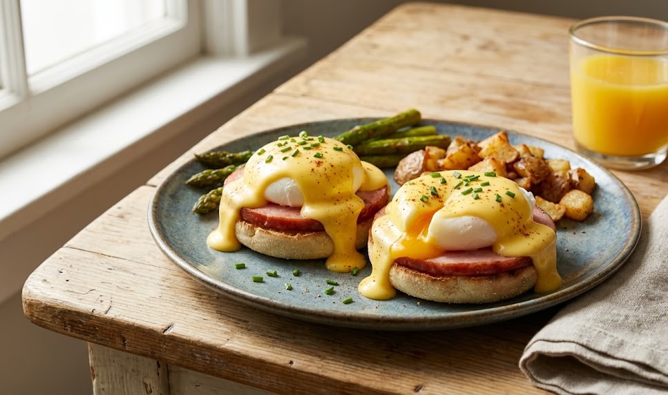 eggs benedict with hollandaise sauce close up
