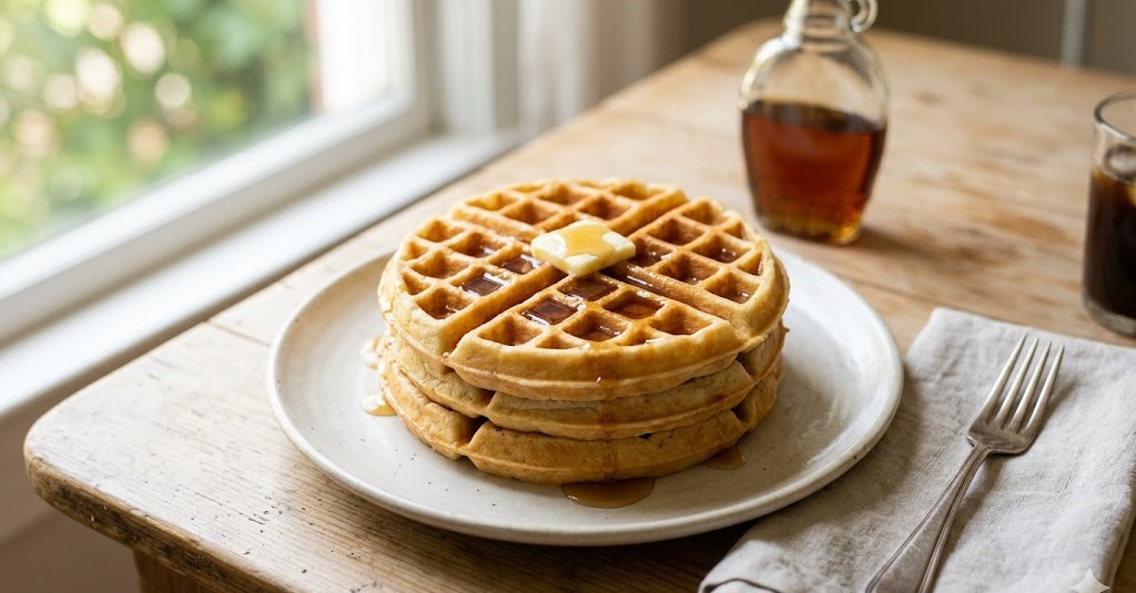 homemade waffles with syrup and butter
