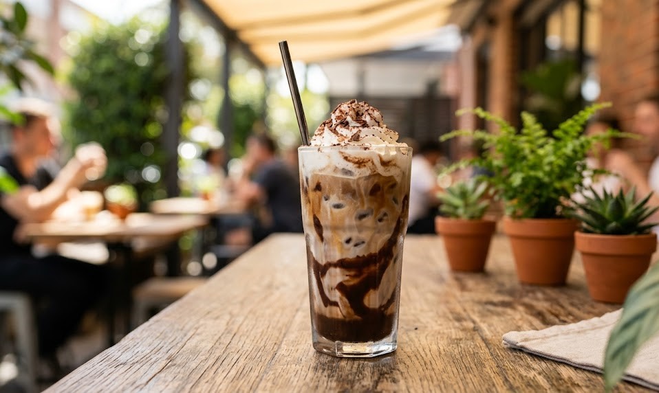 iced mocha coffee glass with whipped cream