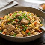 chicken fried rice bowl close up