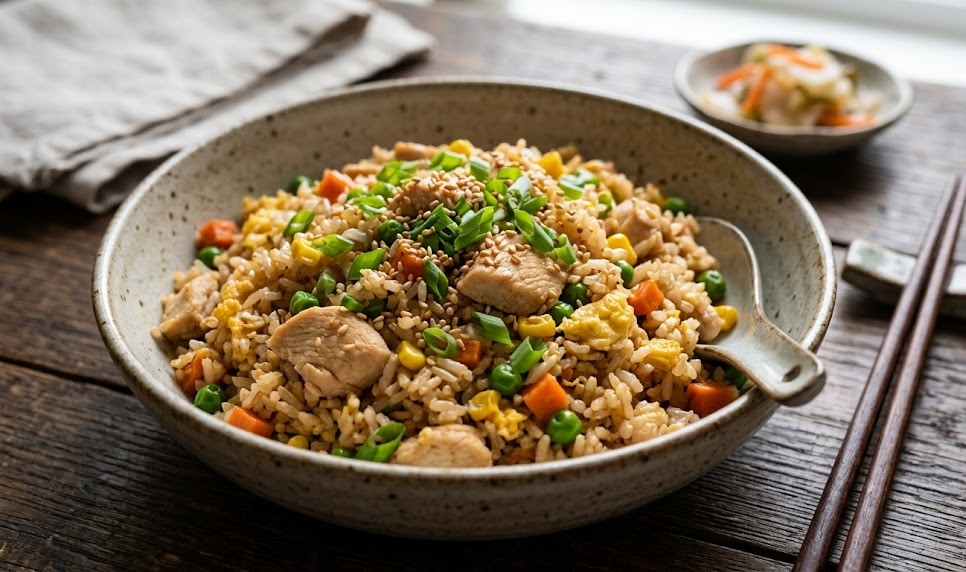 chicken fried rice bowl close up