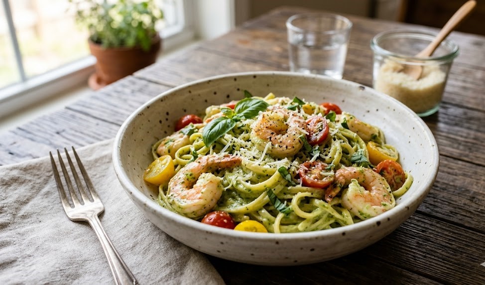 shrimp in pesto cream sauce skillet