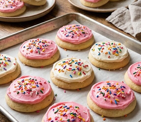 lofthouse cookies with pink frosting and sprinkles