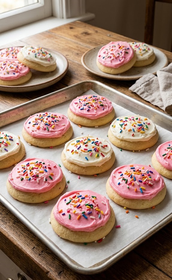 lofthouse cookies with pink frosting and sprinkles
