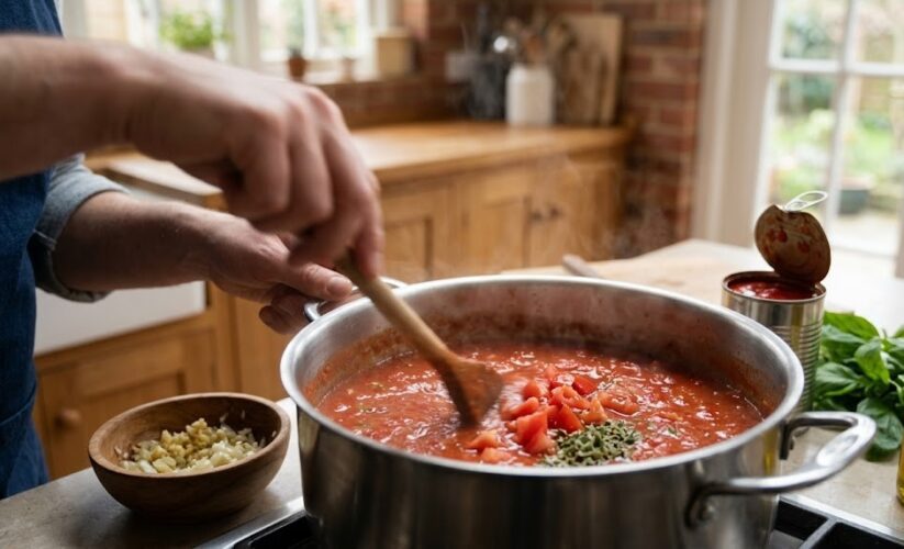 homemade tomato pasta sauce pan