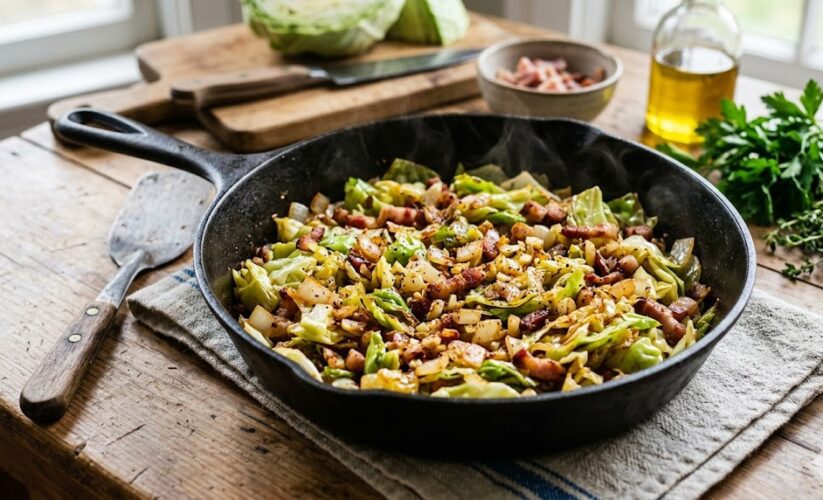 fried cabbage with bacon skillet