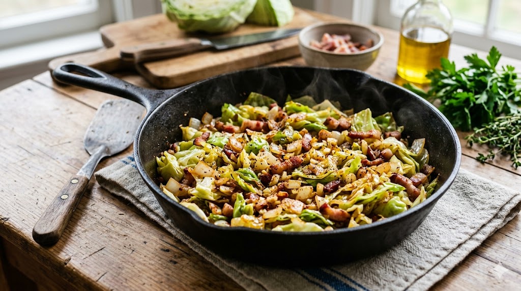 fried cabbage with bacon skillet