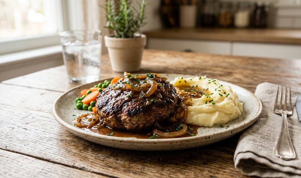 hamburger steak with onions and gravy close up