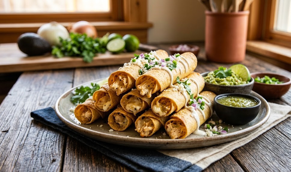 baked cream cheese chicken taquitos close up