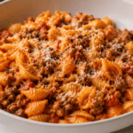sausage and shells pasta close up