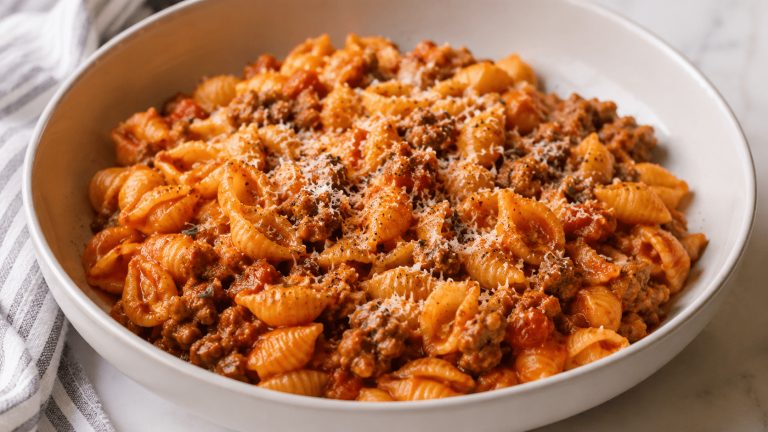 sausage and shells pasta close up