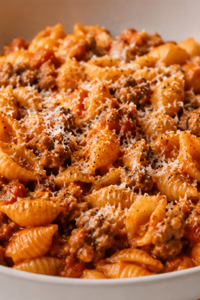sausage and shells pasta close up