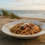spaghetti with toasted breadcrumbs close up