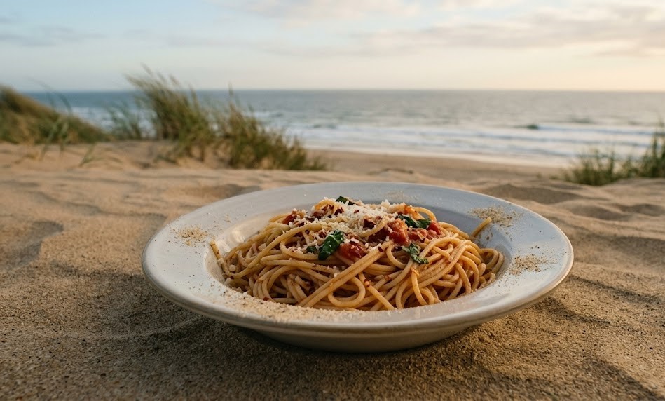 spaghetti with toasted breadcrumbs close up