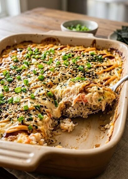 baked sushi rice with seafood