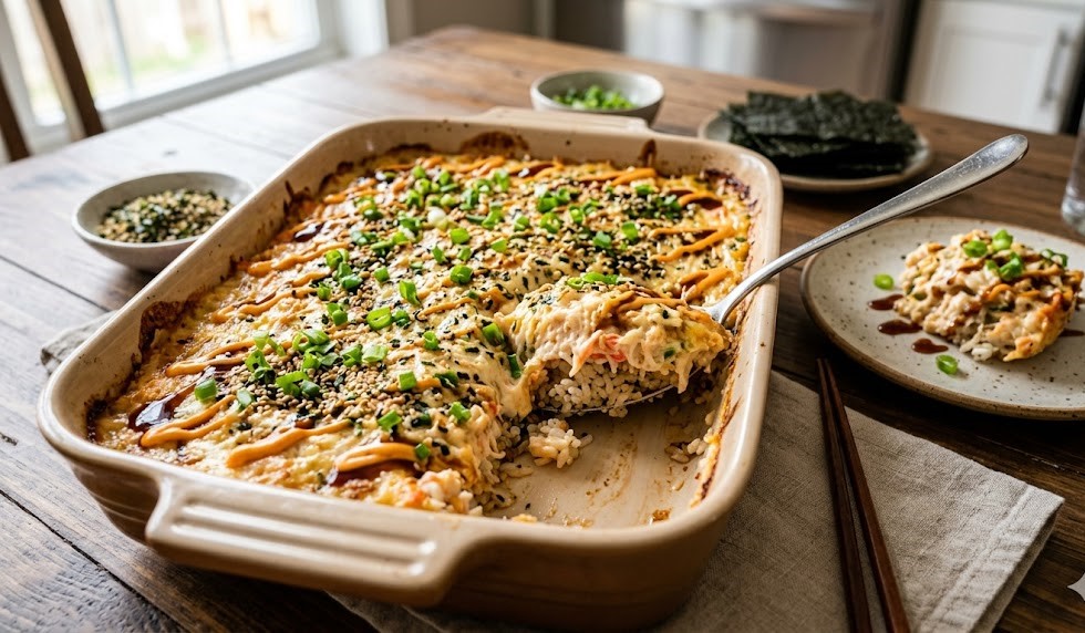 baked sushi rice with seafood