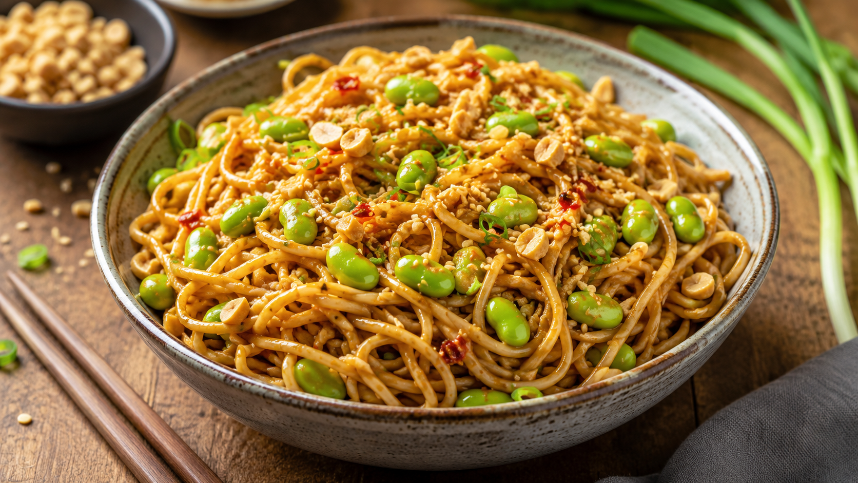 Spicy Edamame Peanut Noodles