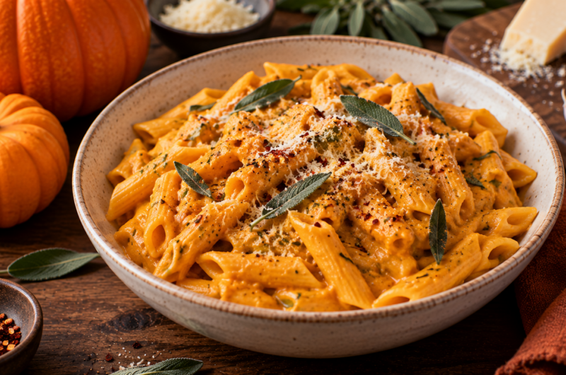 Healthy Halloween Creamy Pumpkin Pasta