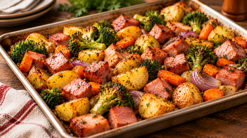 Easy Christmas Ham Sheet Pan Dinner with Roasted Vegetables