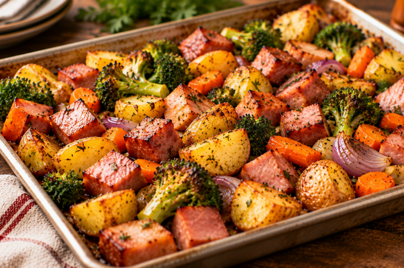 Easy Christmas Ham Sheet Pan Dinner with Roasted Vegetables