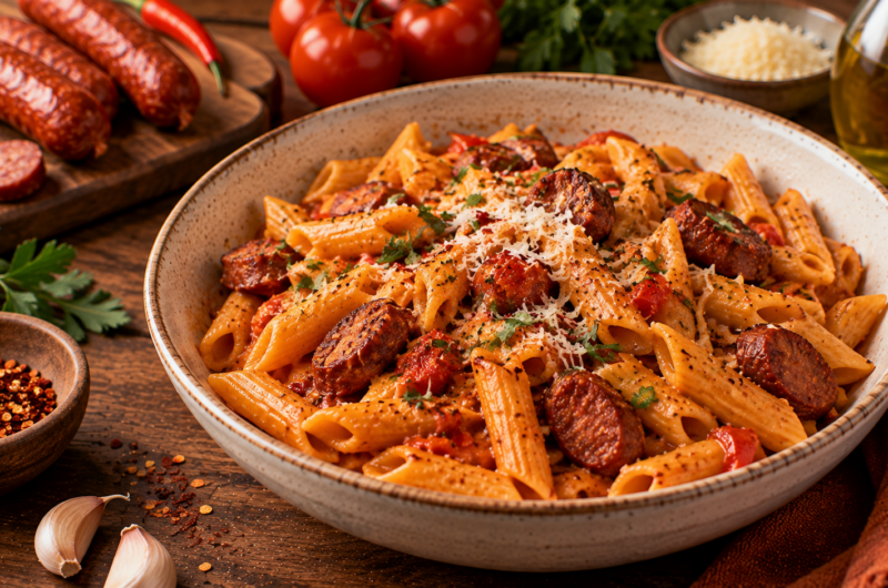 Halloween Spicy Merguez Pasta with Apples